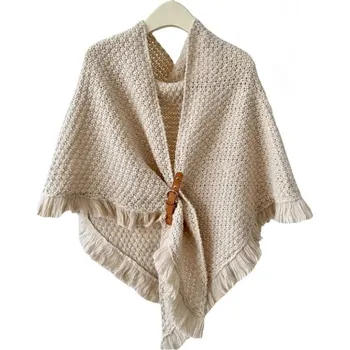 Šála Zimní pletený šál s koženou sponou | elegantní teplý šátek - béžový