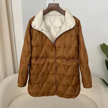 Dámská parka Midi prošívaná péřovka zimní bunda Barva: Světle Hnědá, Velikost: S