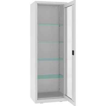 Kovová lékárenská skříň s prosklenými dveřmi, skleněné police, jednokřídlé dveře, š x h x v: 600x435x1800 mm, barva šedá RAL7035