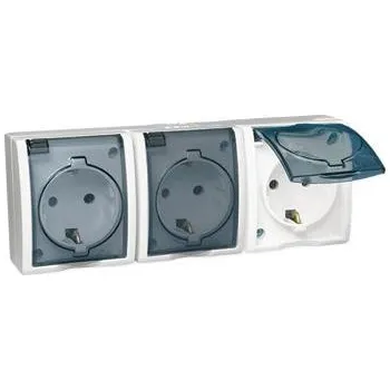Elektrická zásuvka Simon AQGSZ1-3/11A Trojitá kolíková zásuvka s uzemněním typu SCHUKO - ve verzi IP54 - klapka v transparentní barvě bílá 16A