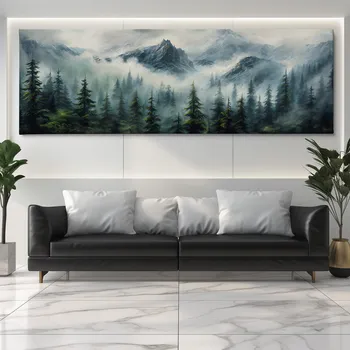 Obraz Obraz na plátně - Les s horami v mlžném oparu FeelHappy.cz Velikost obrazu (šířka x výška): 120 x 40 cm