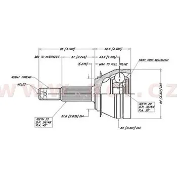 Poloosa kola homokinetický kloub u kola průměr 52 mm, 22 vnějších drážek, 29 vnitřních drážek GLO