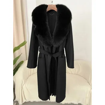 Dámský kabát Luxusní kabát z vlny s pravým kožíškem liška Barva: Černá, Velikost: S