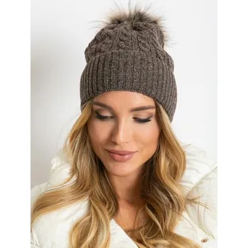 Čepice Dámská čepice se stuhou a kožešinovou bambulí tmavě hnědá