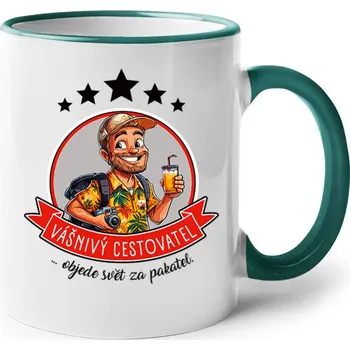Keramický hrnek Vášnivý cestovatel, objede svět za pakatel, Barva Zelená, Velikost 330 ml, Canvas Keramický hrnek s barevným uchem Bezvatriko.cz 2684