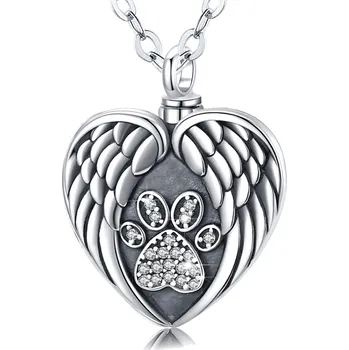 Náhrdelník Stříbrný pietní náhrdelník - Srdce s andělskými křídly a tlapkou - Stříbrný pietní náhrdelník - Srdce s andělskými křídly a tlapkou osázenou zirkony
