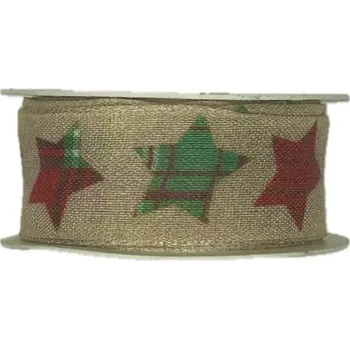 Stuha Vánoční bavlněná stuha HAPPY STARS krémová 25mm x 2m (Stuha bavlněná vánoční, jednostranná, potisk zelenočervených hvězd, s vlascem v lemu)