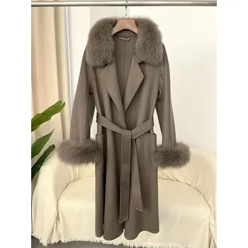 Dámský kabát Luxusní vlněný dámský kabát s kožíškem z lišky Barva: Tmavě Šedá, Velikost: S