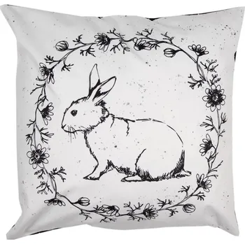 Dekorativní polštářek Černo-bílý povlak na polštář se malým králíčkem v květinovém věnci – 45x45 cm
