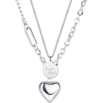 Náhrdelník Dvojitý ocelový náhrdelník, stříbrná barva - známka s nápisem "Good Luck"- mnoho štěstí, srdce