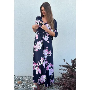 Těhotenská móda Mama L'amour Dlouhé těhotenské a kojící šaty 3v1 Mona květinové magnolie 3/4 rukáv Velikost: 2XL