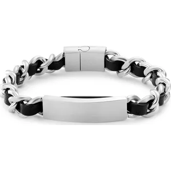 Náramek Nomen | Řetízkový a kožený náramek s identifikační destičkou stříbrné barvy - Lucleon