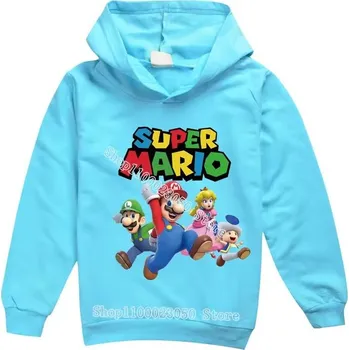 Chlapecký svetr Dětská mikina s kapucí a potiskem Super Mario (mix barev) Barva: tyrkysová, Velikost: 150