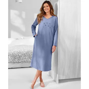 Dámské noční prádlo Fleecová noční košile s výšivkou, dlouhé rukávy modrošedá 38/40