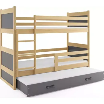 BMS GROUP Dětská patrová postel Rico - 3 osoby, 80x160 s výsuvnou přistýlkou bez matrace – Borovice, Grafit, Grafit