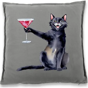 Dekorativní polštářek Polštářek Kočka s martini, Barva Šedá, Velikost 40×40 cm, Canvas Bavlněný polštář Bezvatriko.cz 2745