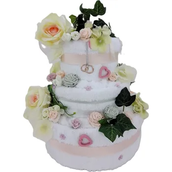 Svatební dekorace Veratex Textilní svatební dort třípatrový bílá růže 2ks osuška 2ks ručník