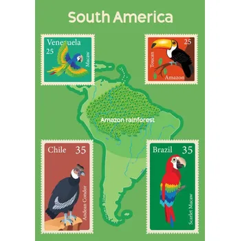 Plakát, Obraz - South America Map and Tropical Birds Stamps, drmakkoy