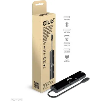 USB hub Club3D hub USB Gen3x2 Type-C (USB4), 6-in-1 s HDMI 8K60Hz/4K120Hz, 2xUSB, RJ45 a 2xUSB-C, 1xData, 1xPD - nabíjení 100W
