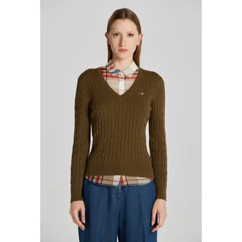 Dámský svetr SVETR GANT STRETCH COTTON CABLE V-NECK DARK CACTUS