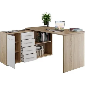 Psací stůl Nejlevnější nábytek Rohový psací stůl NEJBY GIANNI, levý, dub sonoma/bílý