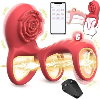 SuperLove Rose Triple Vibrating Cock Ring with Clitoral & G-Spot Stimulation & Remote Red
