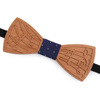 Kravata Dřevěný motýlek noty, květy, knír - 1 přírodní stř. noty