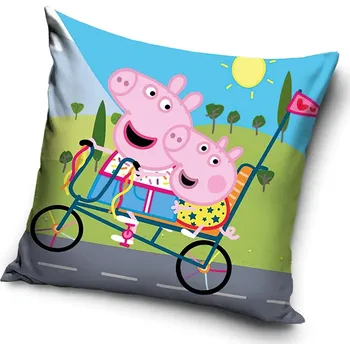 Polštář Dětský povlak na polštářek PRASÁTKO PEPINA VÝLET NA KOLE (PEPPA), zeleno-modrý 40x40cm (více variant výplně)