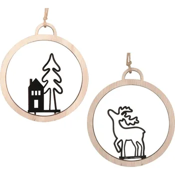 Vánoční dekorace ANDĚL Dřevěná baňka s černými kovovými dekoracemi na zavěšení 11 cm