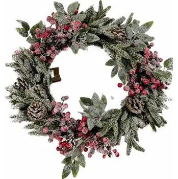 Věnec Vánoční zmrzlý věnec s červenými bobulemi, 60x10 cm