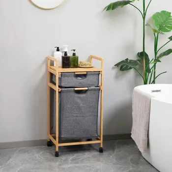 Úložný box Bambusový koš na prádlo s poličkou a šuplíkem | přírodní + šedá