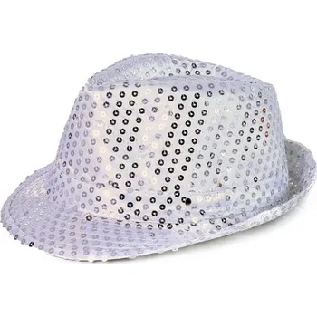 KARNEVAL Klobouk disco stříbrný s flitry na baterie barevné LED Světlo