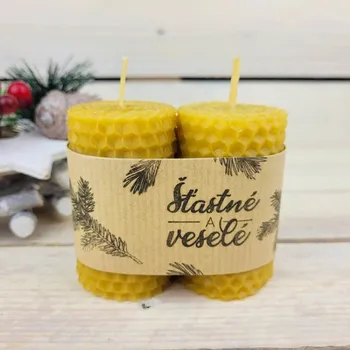 Svíčka Sada svíček z včelího vosku Šťastné a veselé 7x4 cm