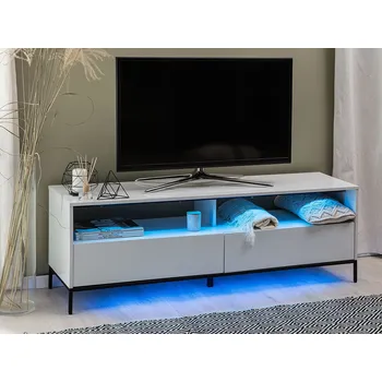 Televizní stolek TV nábytek bílá dřevotříska s vysokým leskem práškově lakovaná kov 52 x 150 x 42 cm LED osvětlení funkční úložný prostor obývací pokoj Beliani