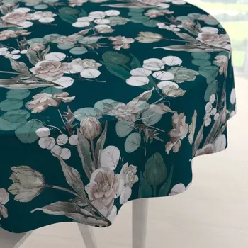 ubrus Teflonový kulatý ubrus TF-058 Květy s eukalyptem na tmavě zeleném Ø 40 cm