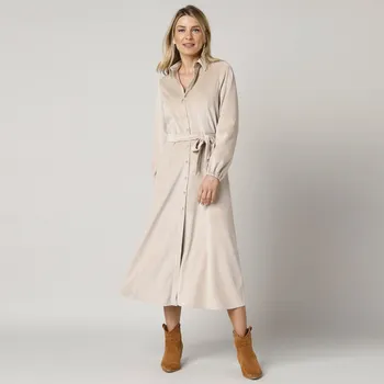 Dámské šaty Dlouhé košilové šaty s dlouhými rukávy, velur písková 52