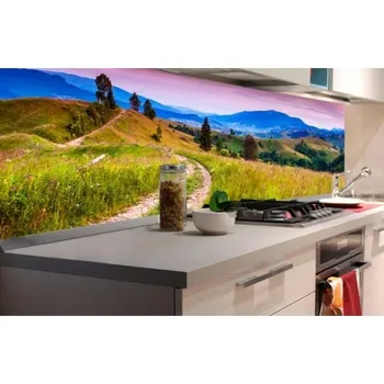 Fototapeta DIMEX | Fototapeta do kuchyně Příroda s červánky KI-180-082 | 180 x 60 cm | zelená, modrá, růžová + Samolepicí fototapeta za kuchyňskou linku DIMEX Příroda s červánky v šíři 180 cm