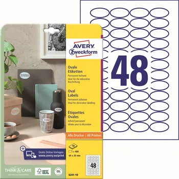 Papír Avery Zweckform 6241-10 Oválné etikety 40x20 mm, 480 ks, bílé + online software pro tisk etiket + tiskové šablony ke stažení zdarma