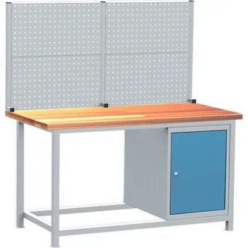 Dílenský stůl Dílenský svařovaný stůl, 1 x skříňka, 1 x perforovaná deska na nařadí, deska z bukové spárovky 1500x750 mm