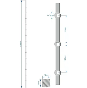 Zábradlí Probíjená tyč 16 x 16 mm, rozteč děr 125 mm, délka 2000 mm, oko 16 x 16 mm, na tyči je 14 děr