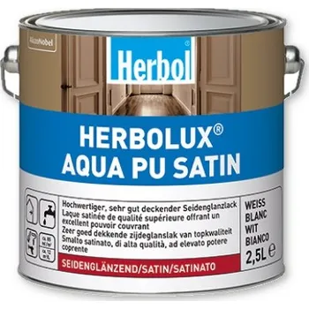Lak na dřevo 2,5 l Herbol Herbolux AQUA PU Satin - bílý polomatný email (Bílý, vodouředitelný, polomatný, nežloutnoucí email s dobrým rozlivem)