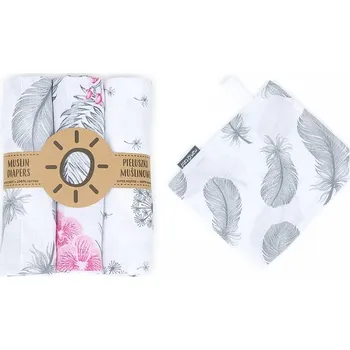 látková plena Mamo Tato Mušelínové plenky 3ks + žínka Pampeliška, květy, pírka 80/80 cm