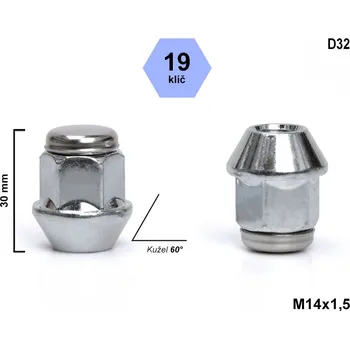 Matice na kolo Kolová matice M14x1,5 kužel , klíč 19, D32, výška 30