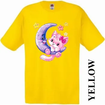 Dívčí tričko detske-levne-bavlnene-tricko-potisk-mesic-kocicka Barva: Yellow - žlutá, velikost: 164