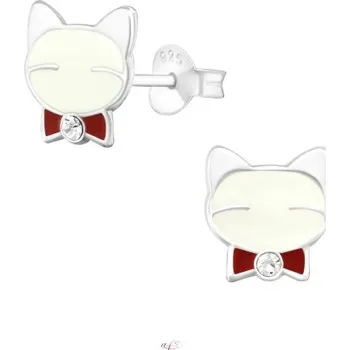 Náušnice Stříbrné puzetové náušnice Bílá kočička s mašlí II (Náušnice s kočkou, Šperkovní stříbro 925)