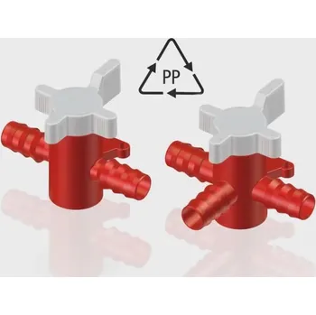 Instalatérský materiál Kohout (ventil) pro kapaliny a plyny s tlakem do 1 bar, Provedení: 2cestný, Materiál: PVDF, Pro hadičky o Ø [mm]: 7 – 9