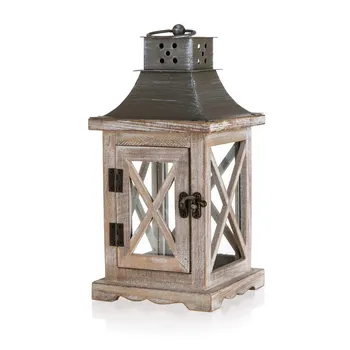 Lucerna Home Decor dřevěná lucerna s plechovou střechou 14 x 14 x 29 cm
