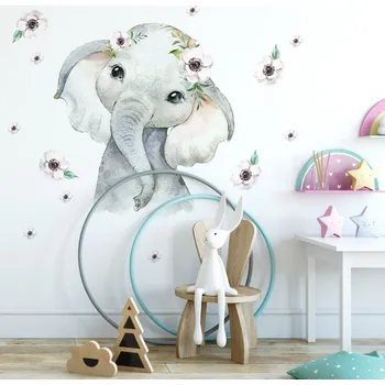 Samolepící dekorace DEKORACJAN Nálepka na zeď - Slůně s květinami