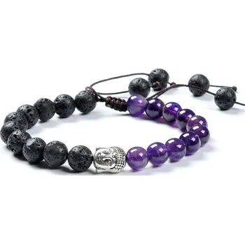 Náramek Náramek z lávových kamenů s ametisem a budhou ve stříbrné barvě