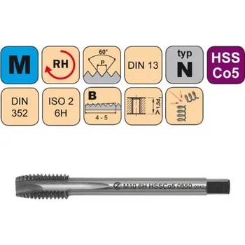 Závitořezný nástroj NÁSTROJE CZ Krátký strojní závitník /CZZ0550/ HSSCo5 pro metrický závit s přímou drážkou a lamačem CZZ Závit: M6